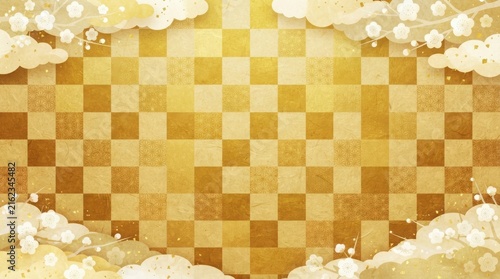 Gold checkered background with plum blossom accents