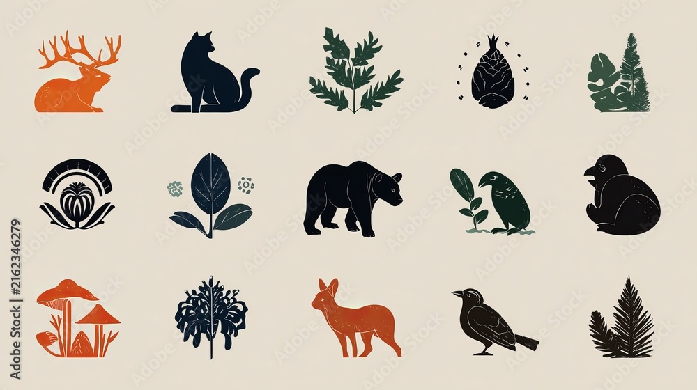 Obraz premium A collection of nature-inspired illustrations featuring various animals and plants in a simple style