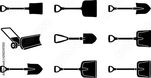 Snow Shovel Silhouette Icon Set. Collection of winter sports silhouettes, including snow shovel, snow removal, winter tool, clearing, and more.