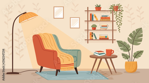 Quadro su tela Warm cozy reading nook with bookshelf with decorative bookshelf filled colorful