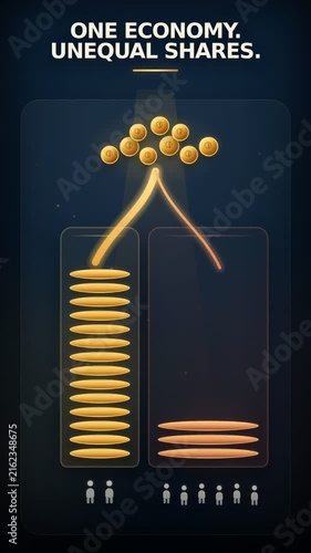Animated infographic illustrating wealth disparity with glowing coins flowing into two uneven containers