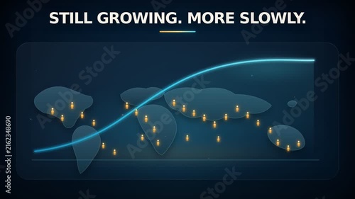 Animated world map with glowing person icons and rising growth curve graphic showing slow growth