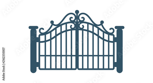 Wrought iron gate with decorative flourishes is a flat vector illustration