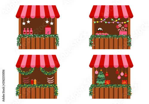 Set of Christmas market stall kiosk. Set of Christmas Kiosk with Bakery, Sweets and Hot Drinks. Market Stalls with Xmas Food. Wooden Winter Decorated Houses