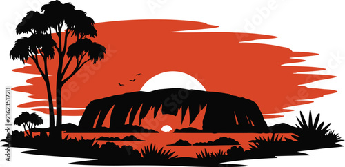 landscape with Uluru at sunset ayes rock rock travel destination national park Australia landscape landmark outdoors eucalyptus formation adventure indigenous silhouette vector