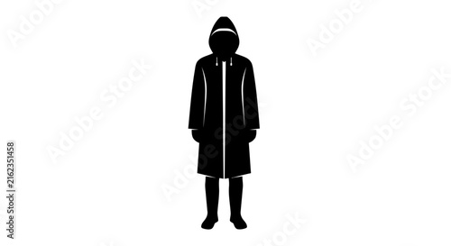 Person wearing a hooded raincoat and boots depicted as a black silhouette figure human individual waterproof outerwear