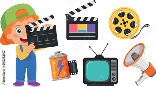 Cute little boy director character vector illustration set with movie clapperboard film reel retro television television and megaphone isolated on white background