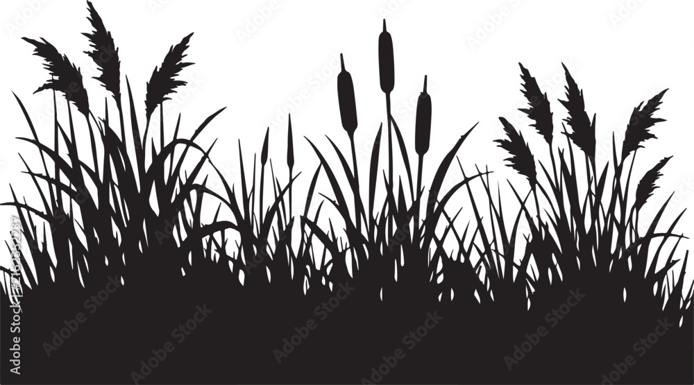 Naklejka premium Black silhouette of tall grass and reeds against
