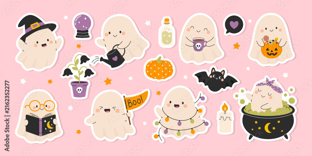 Obraz premium Halloween ghost sticker collection with cute spooky elements. Adorable and friendly ghosts, bat, magic bullet, pumpkin, candle and magic objects. Flat vector illustration.