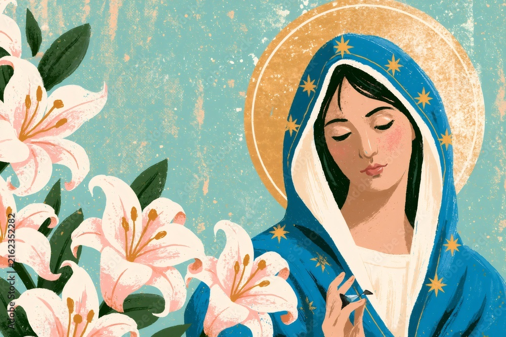 Fototapeta premium Virgin mary illustration with halo and lilies