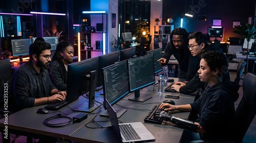 Diverse Software Development Team Working Together in Modern Night Office