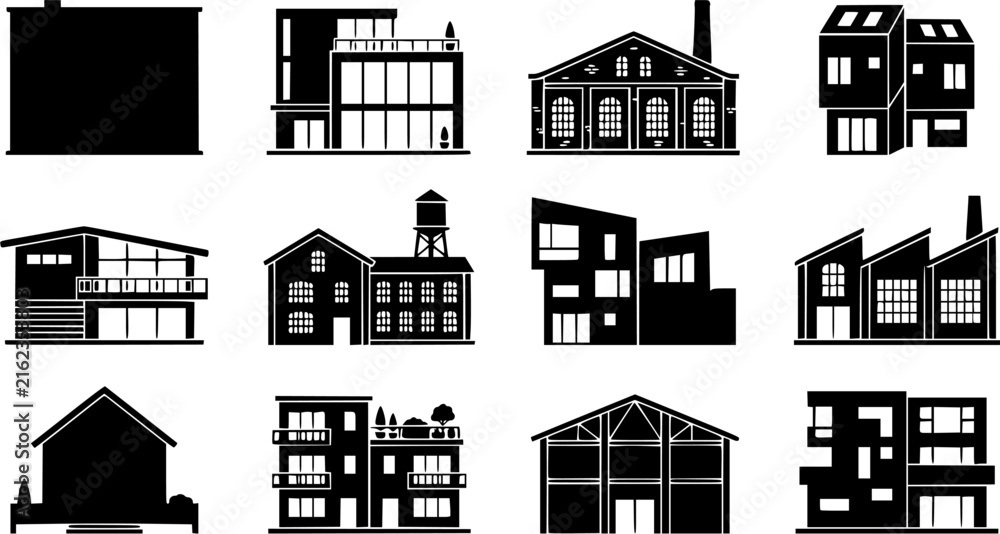 Fototapeta premium Loft Apartment Silhouette Icon Set. Collection of residential flat icons, including loft apartment, residential building shapes, and more. Solid black glyph.