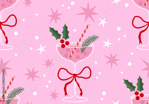 Seamless pattern with cocktails. Holiday party design. Winter holiday drinks. Christmas themed cocktails