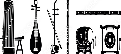 Obraz na plátně Traditional Chinese musical instruments silhouette icons vector set featuring guzheng pipa erhu dizi bamboo flute drum and percussion gong