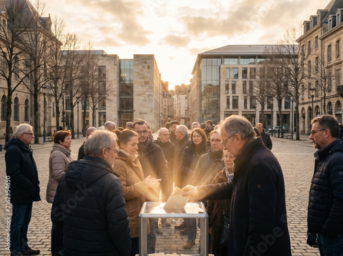 Group of people gathering around a glowing candle display during a peaceful evening vigil in a European city square.