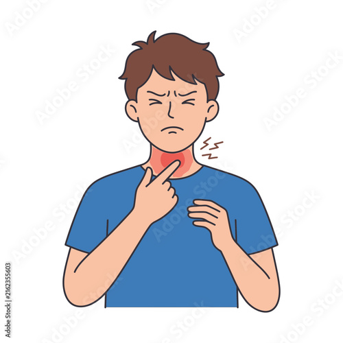 Canvas Print Illustration of a young man suffering from a painful sore throat and touching hi