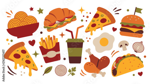 Fast food and street snacks collection in flat hand drawn style.