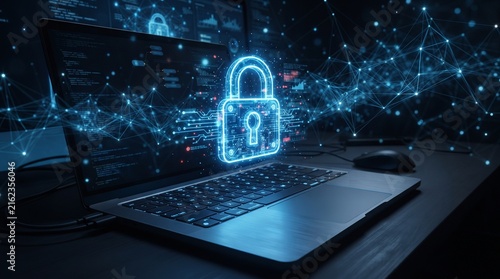 Luminous Padlock Icon Symbolizing Cybersecurity and Data Protection Above a Laptop Keyboard in a Secure Digital Network Environment