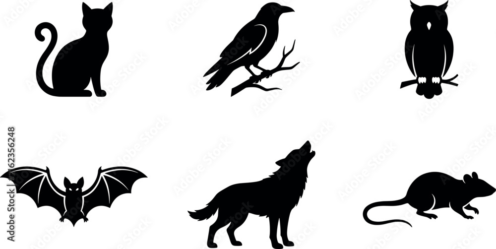 Obraz premium Spooky Halloween wildlife silhouette vector icon set featuring black cat crow raven owl flying bat howling wolf and rat