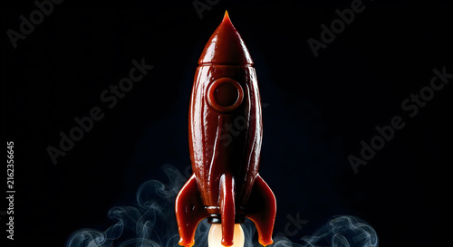 Glossy red rocket ship with smoky exhaust, dark studio, concept for launch or adventure.