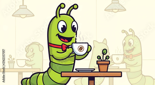 Delightful cartoon caterpillar enjoying a fresh cup of coffee in a cozy cafe, perfect for branding or whimsical designs that bring joy to your projects