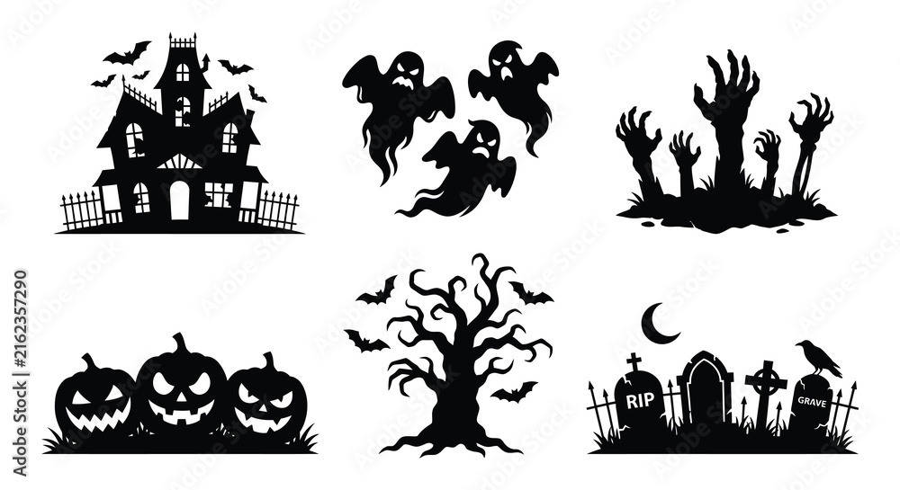 Fototapeta premium Halloween themed vector illustrations featuring haunted house ghosts and graveyard elements