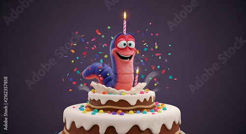 Whimsical worm pops out of a birthday cake with lit candles and colorful confetti, perfect for fun party invitations and children's celebrations