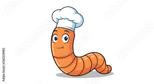 Delightful cartoon chef worm character ready to cook up some smiles, perfect for kids' menus, educational content, or playful food branding projects