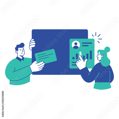 Professional business colleagues collaborating on digital data visualization projects with modern vector graphic corporate design elements