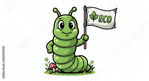 Adorable cartoon caterpillar promoting eco-friendly living with its banner, perfect for environmental campaigns and children's educational materials
