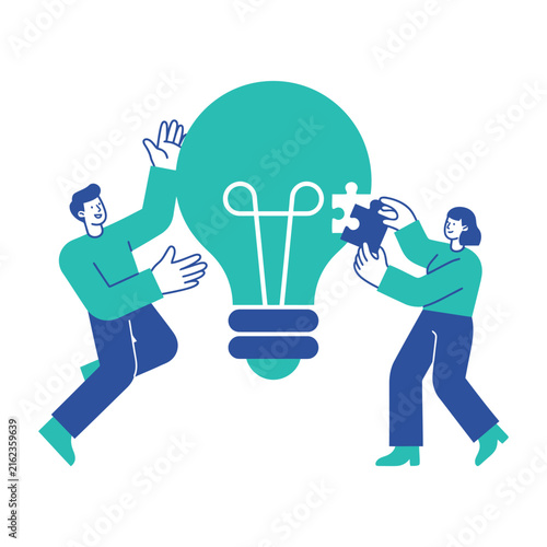 Creative professional business team assembling lightbulb puzzle pieces to represent innovative corporate ideas and bright solutions