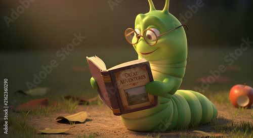 Adorable green caterpillar wearing glasses reading a book of great adventures outside near an apple, perfect for children's stories and educational content