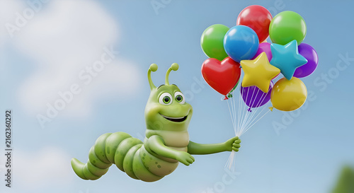 Adorable green caterpillar character holding vibrant balloons soaring through the bright blue sky, perfect for children's party invitations and birthday celebrations