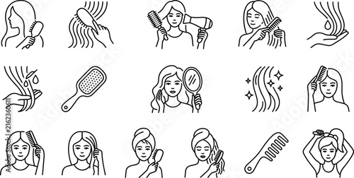 Bild auf Leinwand Hair brushing and routine hair care line icon set vector illustration featuring