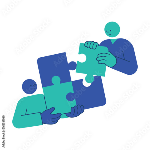 Minimalist vector illustration showing two stylized figures collaborating to connect large blue and green puzzle pieces