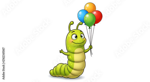 Adorable green caterpillar cartoon character holding colorful balloons, perfect for children's books and birthday invitations, full of joy and celebration