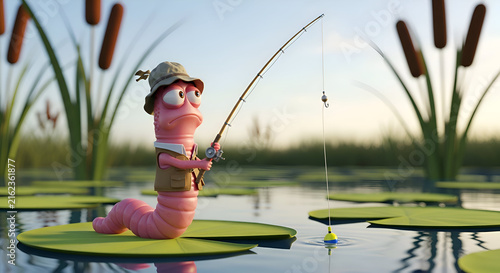 Funny cartoon worm enjoys a relaxing fishing trip on the pond, perfect for children's books or lighthearted content about nature and outdoor activities