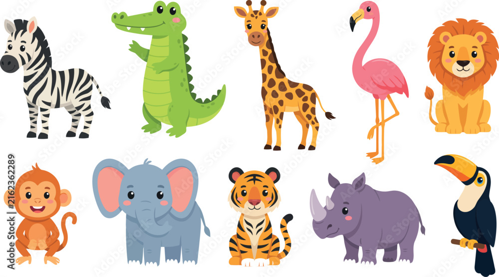 Obraz premium Cute Jungle Animal Sticker Set with Adorable Cartoon Safari Characters Including Lion Elephant Giraffe Flamingo and Zebra for Kids Vector Graphic Designs