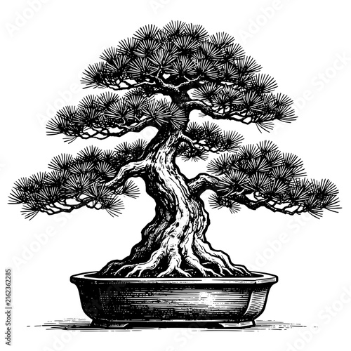 A potted Japanese black pine bonsai tree featuring intricate branches and foliage  a massive trunk  and spreading roots.  Hand-drawn vintage engraving