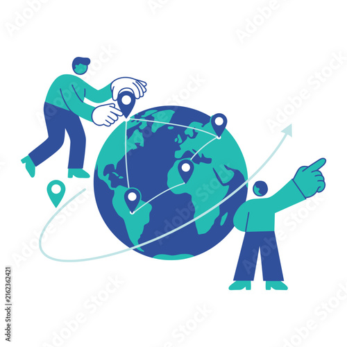Stylized vector illustration showing flat blue people connecting global locations on a stylized earth globe design