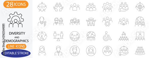 Diversity and Demographics Line Icons. Vector Inclusion, Multicultural Population, Social Equity, and Human Resources Symbols with Editable Stroke.