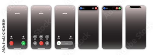 A set of six smartphone screen mockups displaying various user interfaces for incoming and active cellular phone calls, including full-screen and top banner notification designs.
