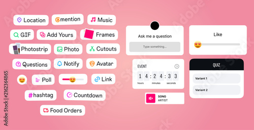 Instagram Story interface badge. Stories tool sticker. Blogging set. Location, mention, avatar, poll, countdown, link, quiz hashtag, music icons. Vector illustration.