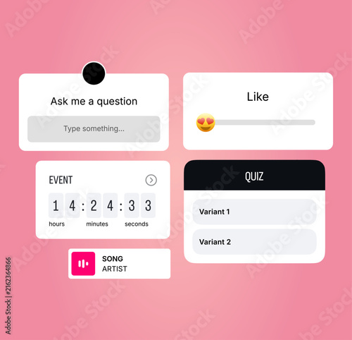 Instagram Story interface badge. Stories tool sticker. Blogging set. Location, mention, avatar, poll, countdown, link, quiz hashtag, music icons. Vector illustration.
