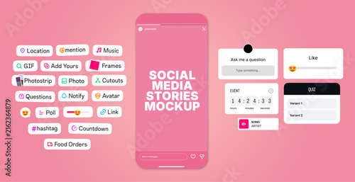 Instagram Story interface badge. Stories tool sticker. Blogging set. Location, mention, avatar, poll, countdown, link, quiz hashtag, music icons. Vector illustration.