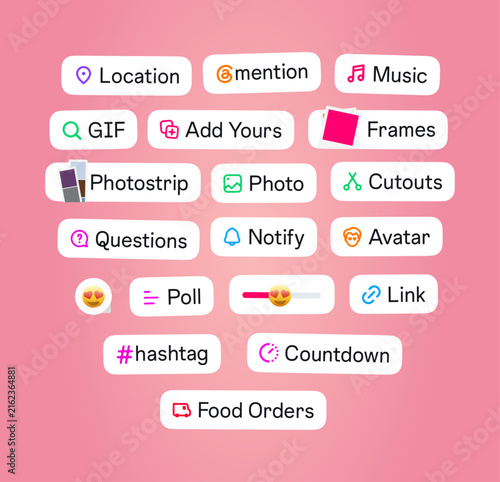 Instagram Story interface badge. Stories tool sticker. Blogging set. Location, mention, avatar, poll, countdown, link, quiz hashtag, music icons. Vector illustration.