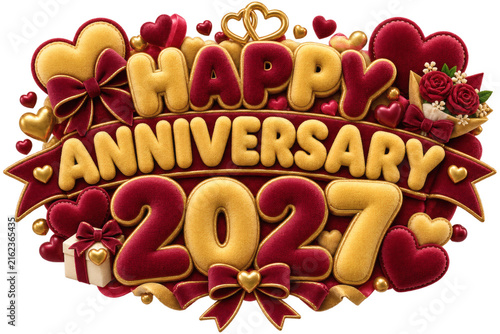 Festive 3D Happy Anniversary 2027 Decorative Emblem with Romantic Hearts and Ribbons for Special Celebration Greeting Designs