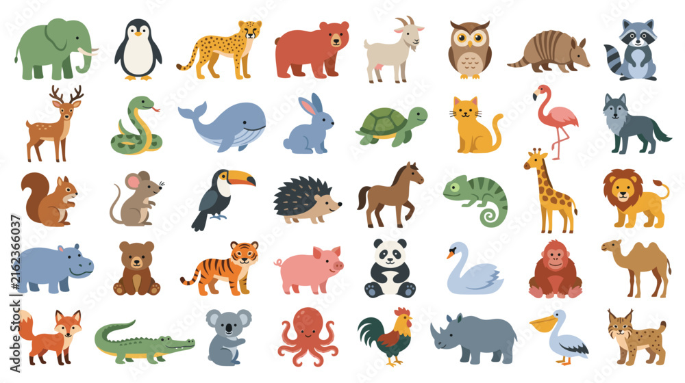 Naklejka premium Cartoon animal set with colorful wild creatures icons.