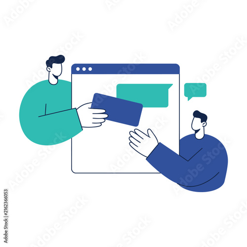 Flat vector illustration showing two professionals collaborating on digital projects using a modern web interface design