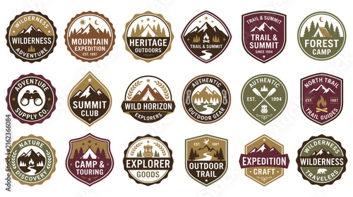 Outdoor adventure badge collection for camping brands.